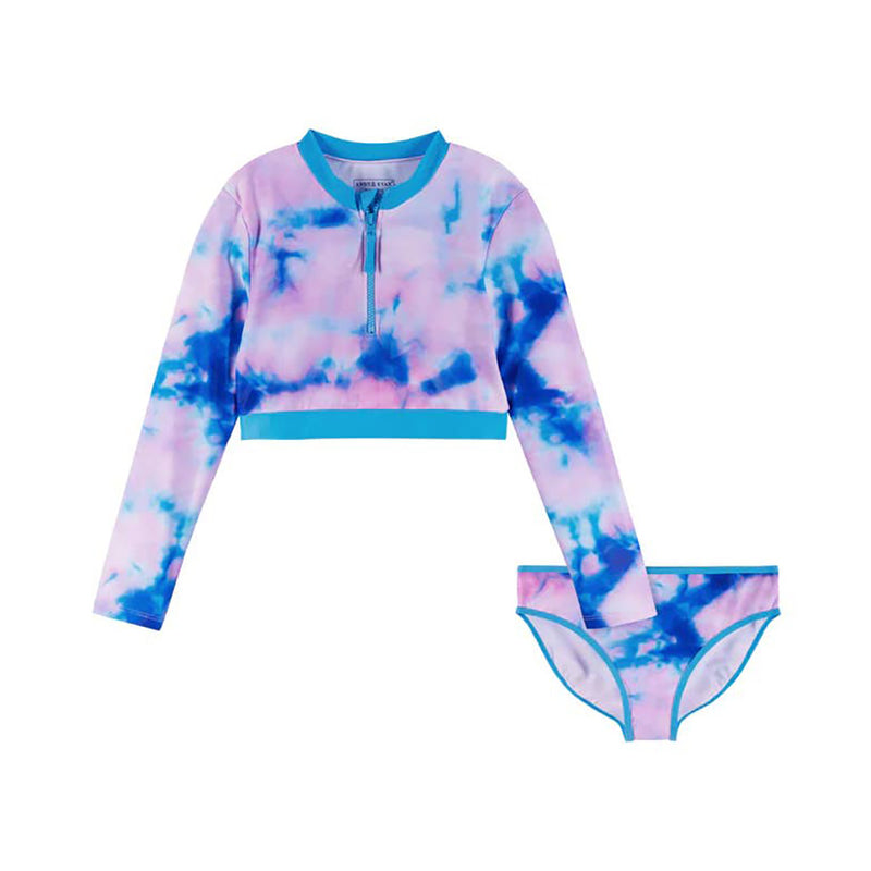 Two-Piece Cropped Rashguard Swimsuit- Blue/Pink Tie Dye