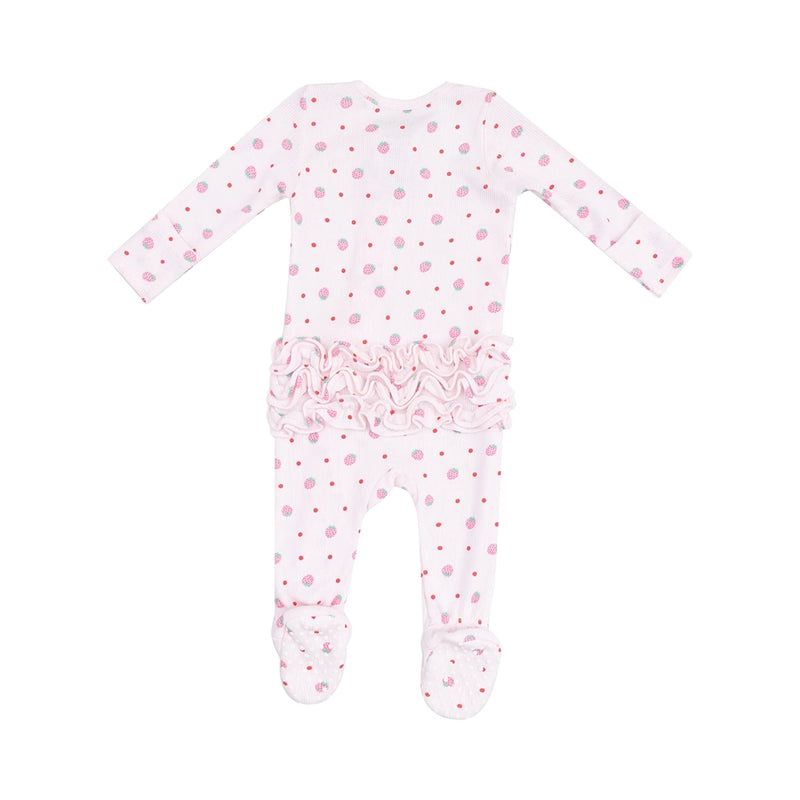 2-Way Zipper Ruffle Footie- Strawberry Swiss Dot