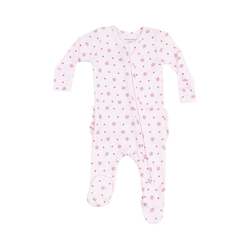 2-Way Zipper Ruffle Footie- Strawberry Swiss Dot