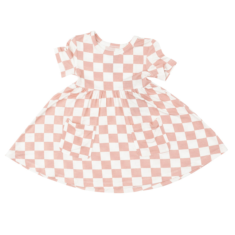 Twirly Short Sleeve Dress- Pink Checker