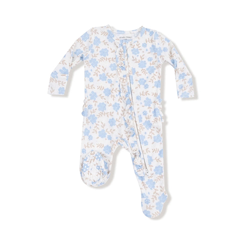 2-Way Zipper Ruffle Footie- Baby Blue Floral