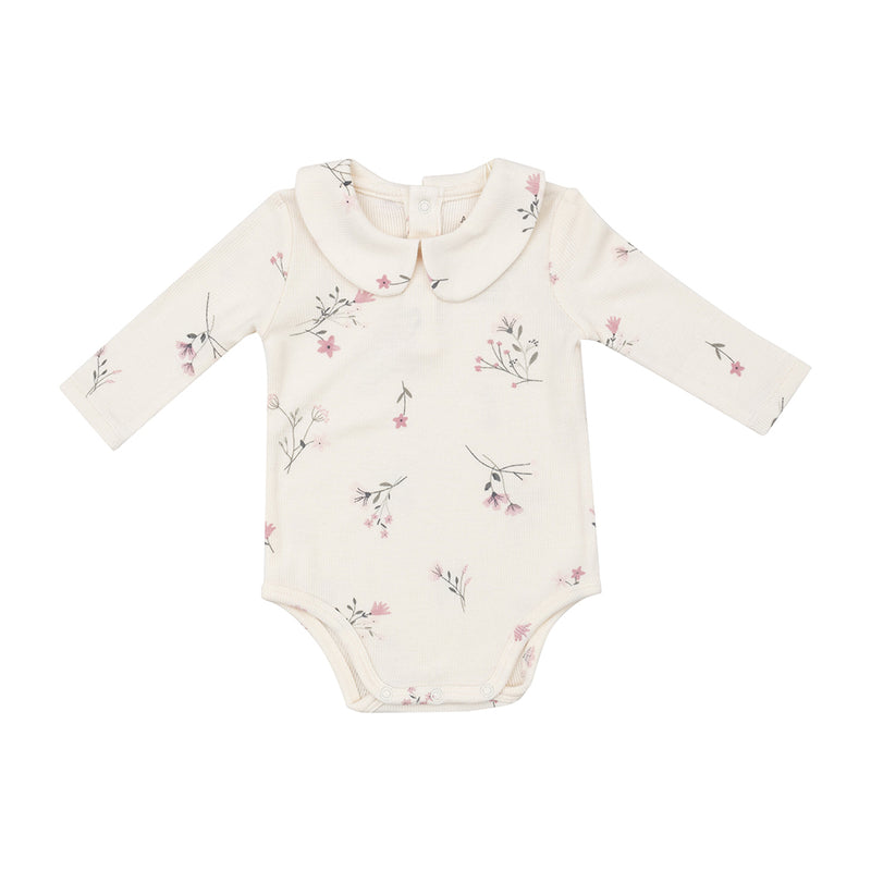 Peter Pan Collar Long Sleeve Bodysuit- Ribbed Wispy Floral