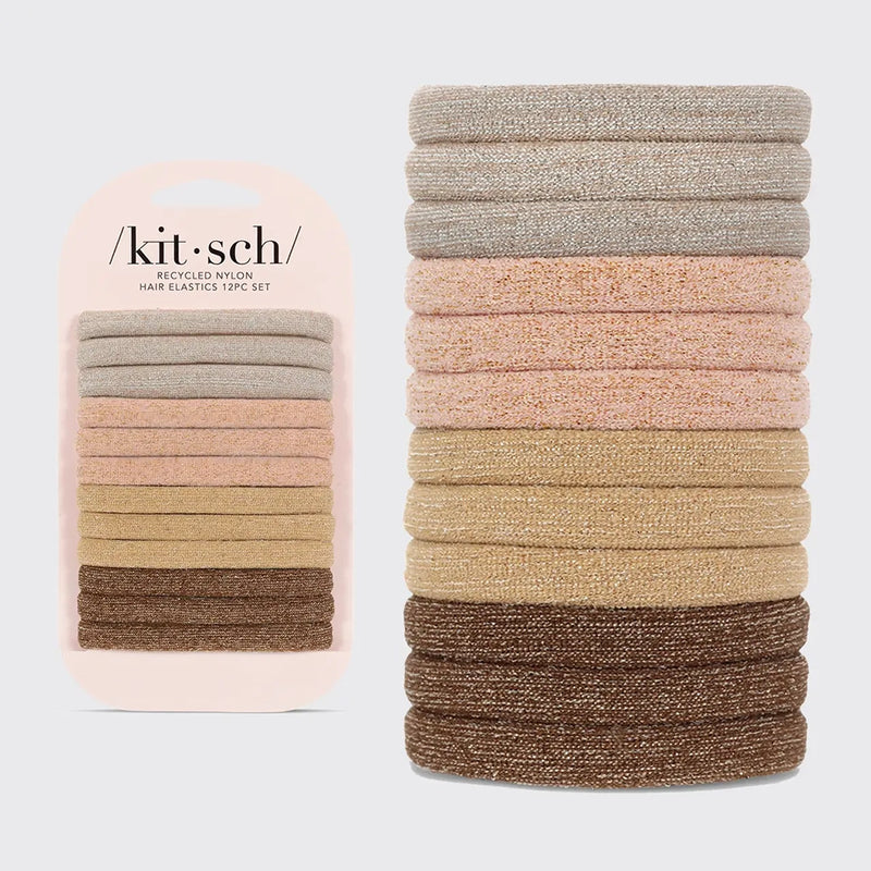 Recycled Nylon Glitter Medium Hair Elastics 12pc- Neutral