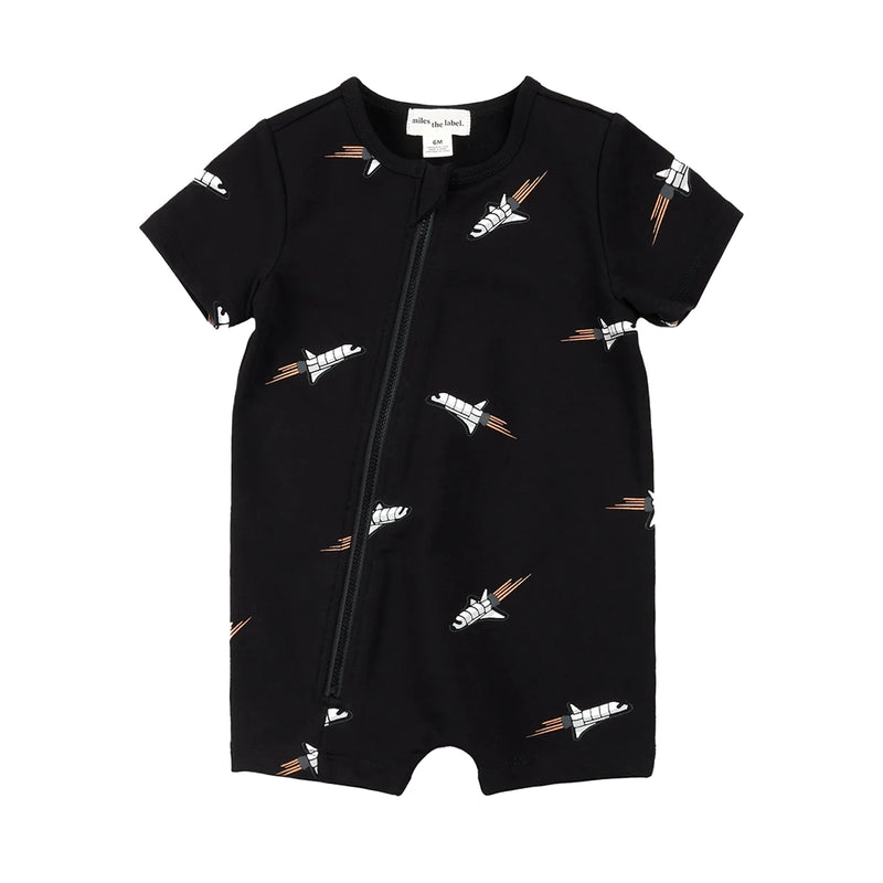 Organic Zip Romper- Black Space Shuttle