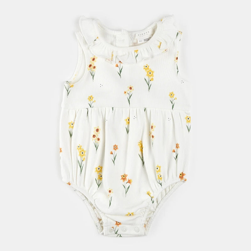 Organic Ribbed Ruffle Romper- Daffodils on White