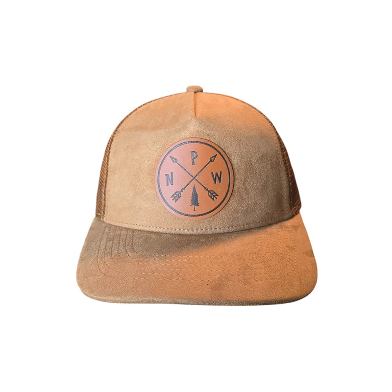 Adult Suede Trucker Hat- PNW Arrow Leather Patch
