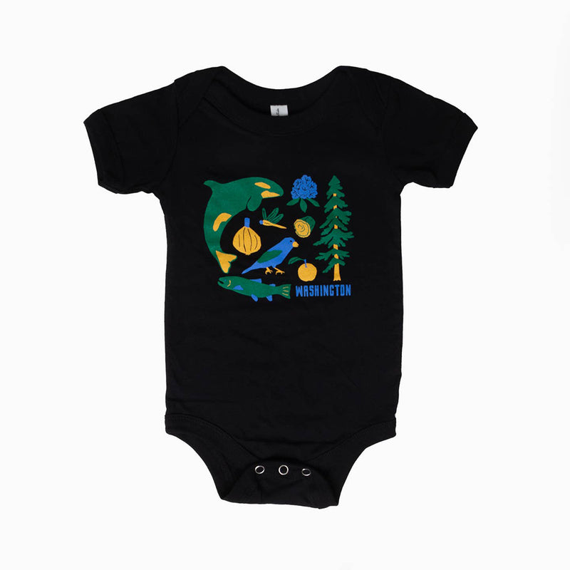 WA State Symbols Onesie- Black