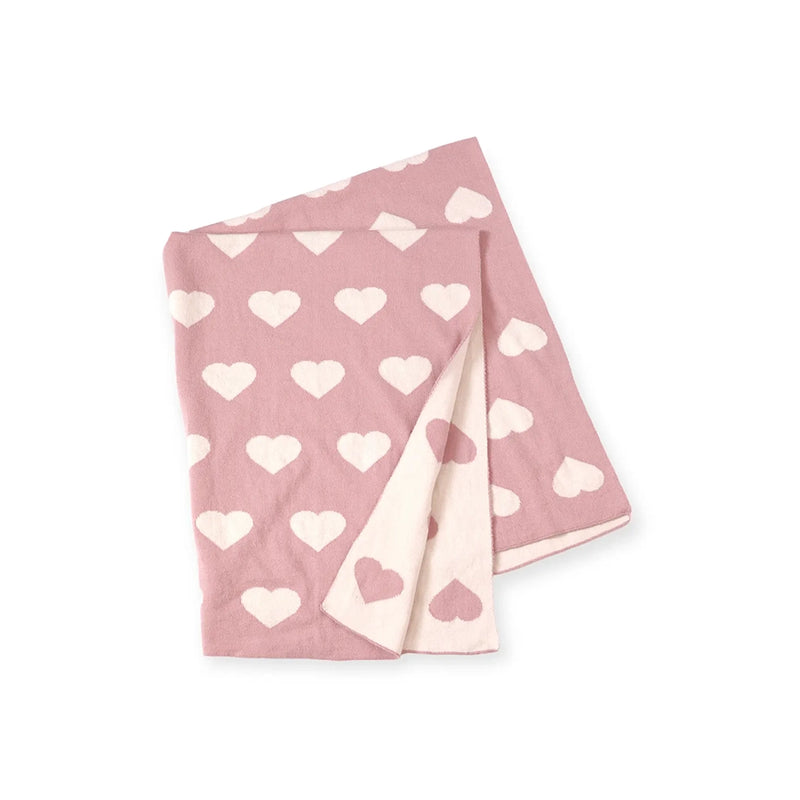 Organic Jacquard Knit Baby Blanket- Reversible Pink Hearts